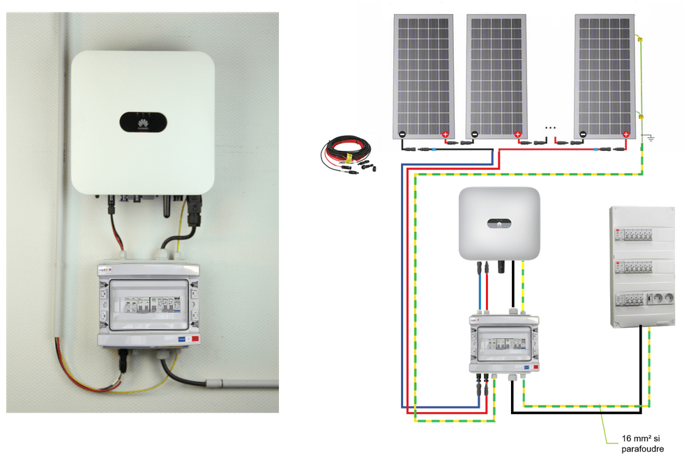 vue generale d'installation coffret de protection acdc et onduleur huawei sun2000