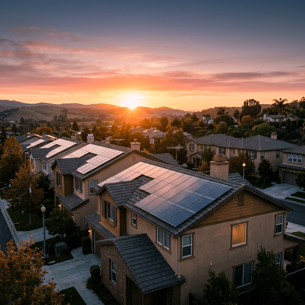 Solar panels covering suburban rooftops at sunset with rolling hills beyond