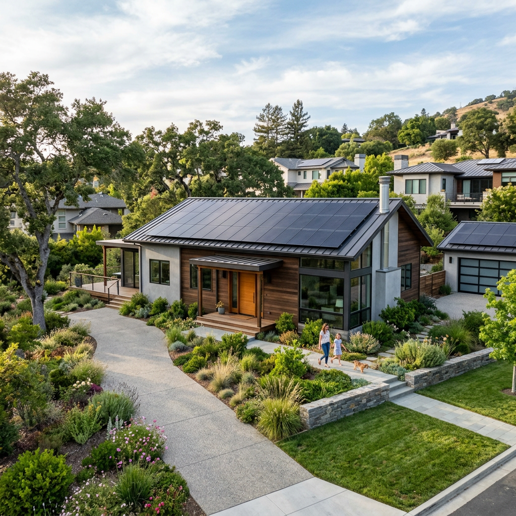 Modern home with solar panels, landscaped yard, and family walking dog
