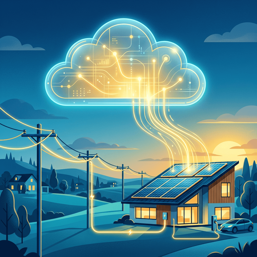 Solar-powered home with rooftop panels linked to a glowing cloud network